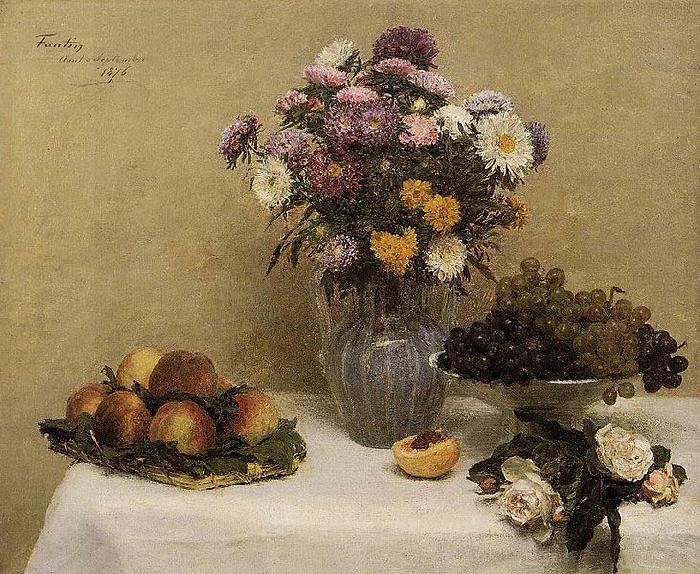 Henri Fantin-Latour White Roses, Chrysanthemums in a Vase, Peaches and Grapes on a Table with a White Tablecloth Germany oil painting art